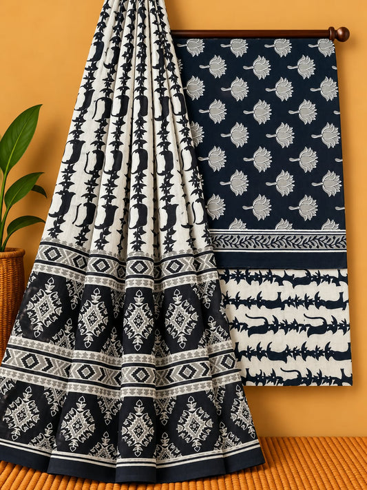 Navy Blue Floral Booti Unstitched Cotton Screen Print Salwar Suit Set with Mul Cotton Dupatta