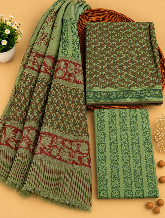 Olive Green & Maroon Floral Booti Unstitched Cotton Suit Set with Chiffon Dupatta