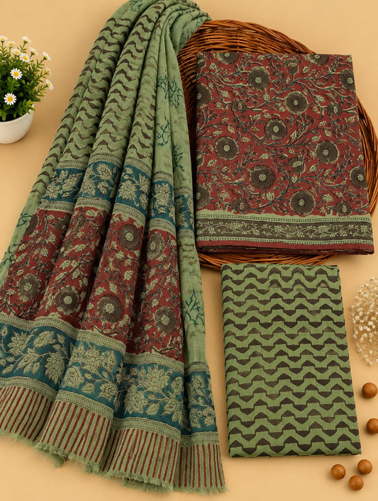 Maroon & Olive Green Floral Jaal Unstitched Cotton Suit Set with Chiffon Dupatta