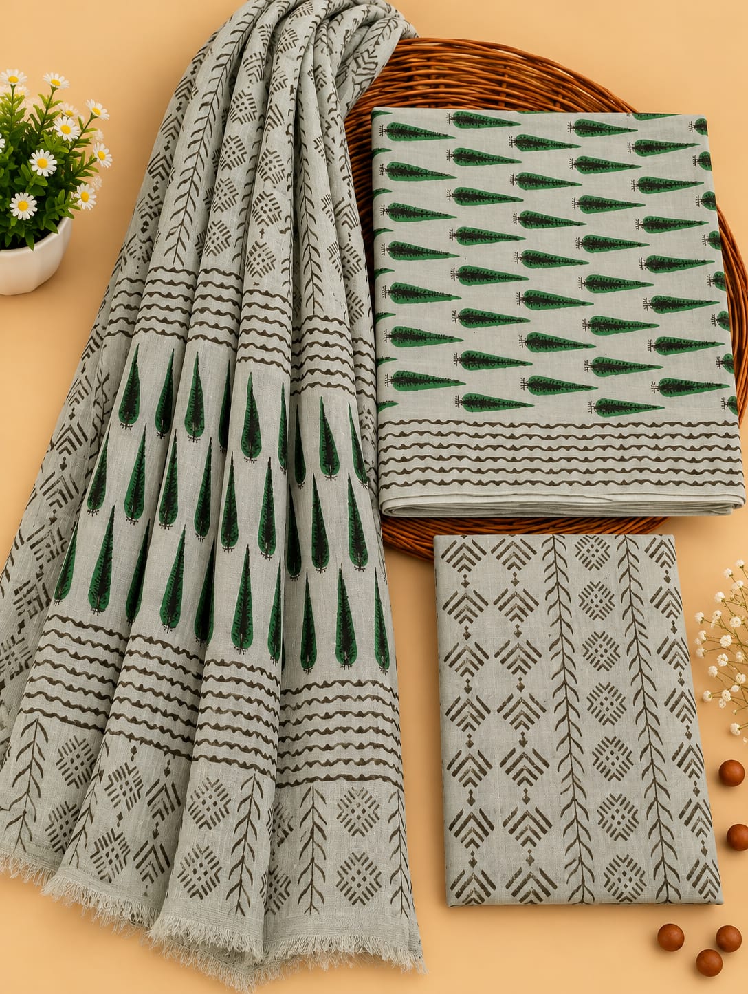 Grey & Green Traditional Motif Unstitched Cotton Suit Set with Chiffon Dupatta