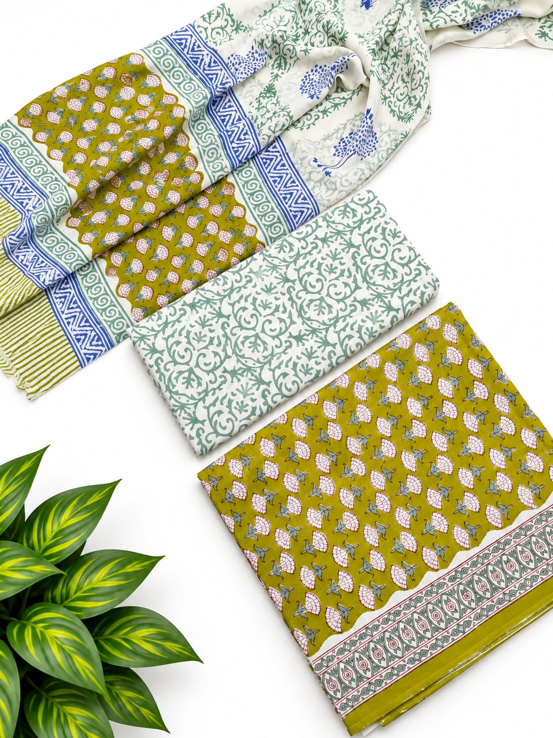 Olive Green Floral Booti Cotton Suit Set with Chiffon Dupatta