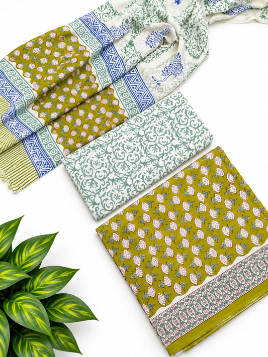 Olive Green Floral Booti Cotton Suit Set with Chiffon Dupatta