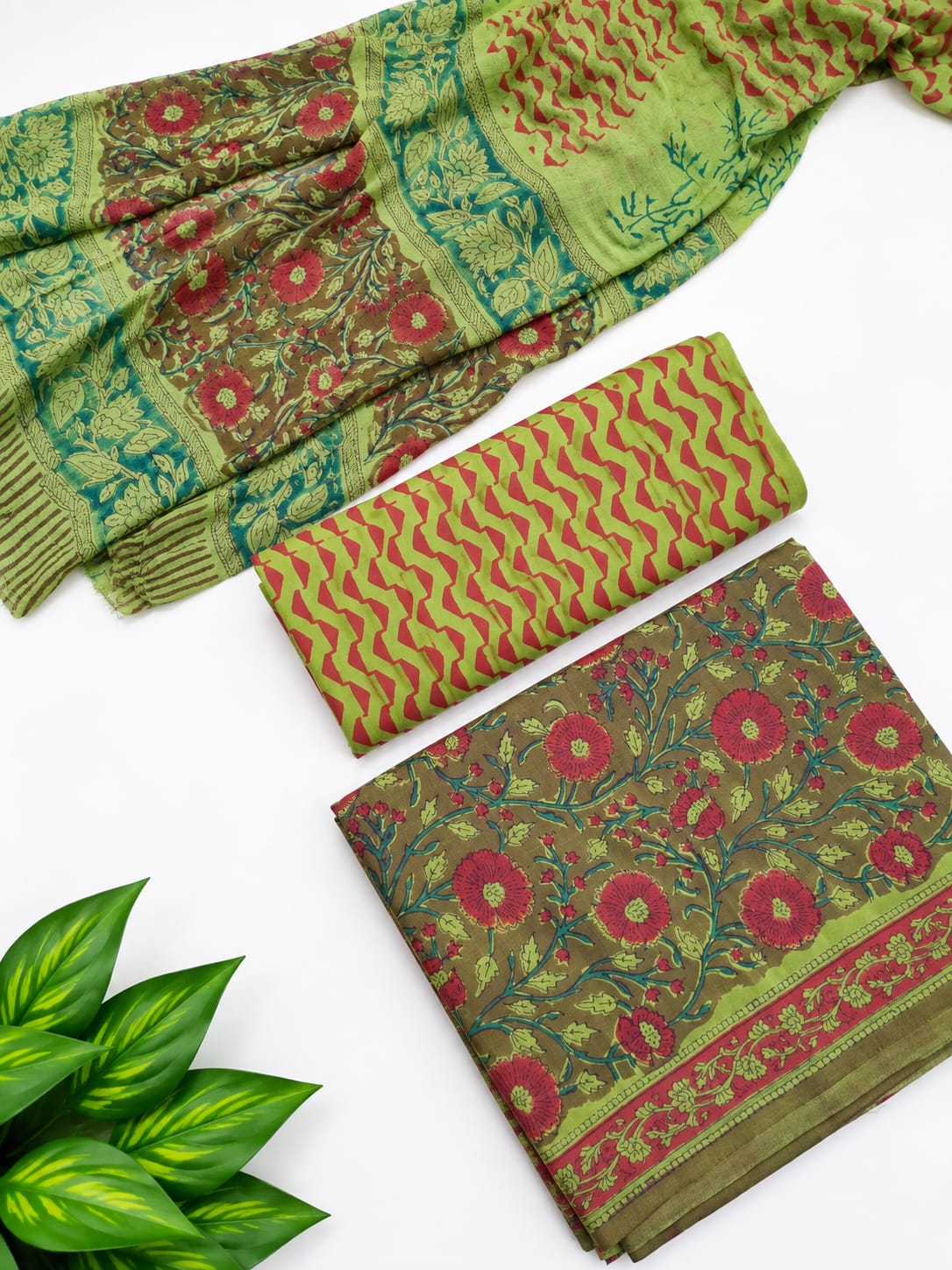 Olive Green Floral Jaal Cotton Suit Set with Chiffon Dupatta