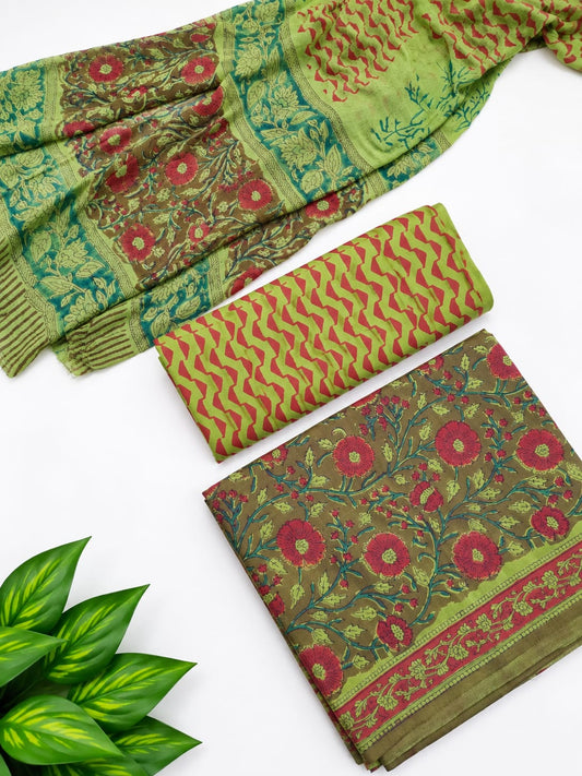 Olive Green Floral Jaal Cotton Suit Set with Chiffon Dupatta