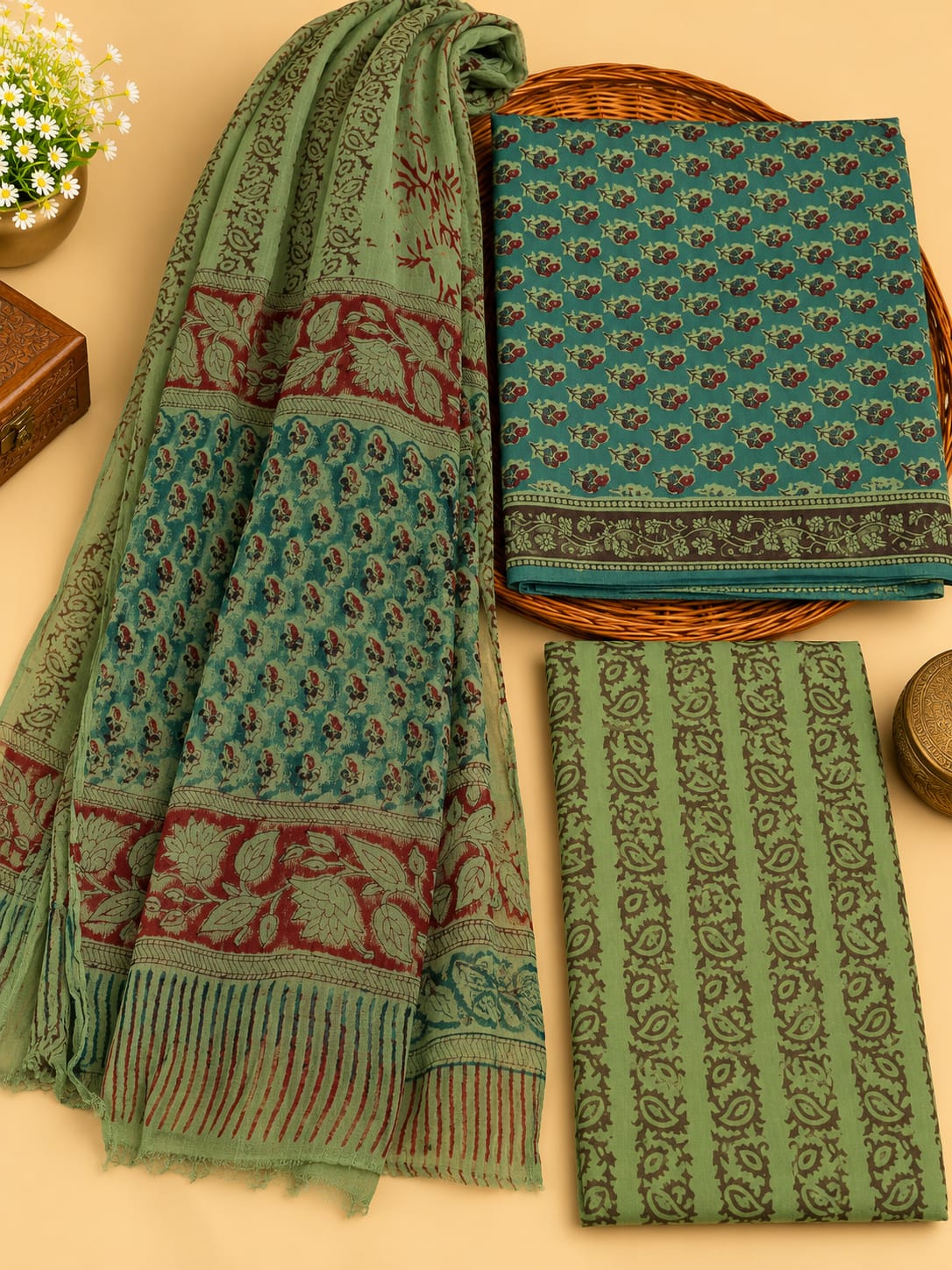 Olive Green & Maroon Floral Booti Unstitched Cotton Suit Set with Chiffon Dupatta