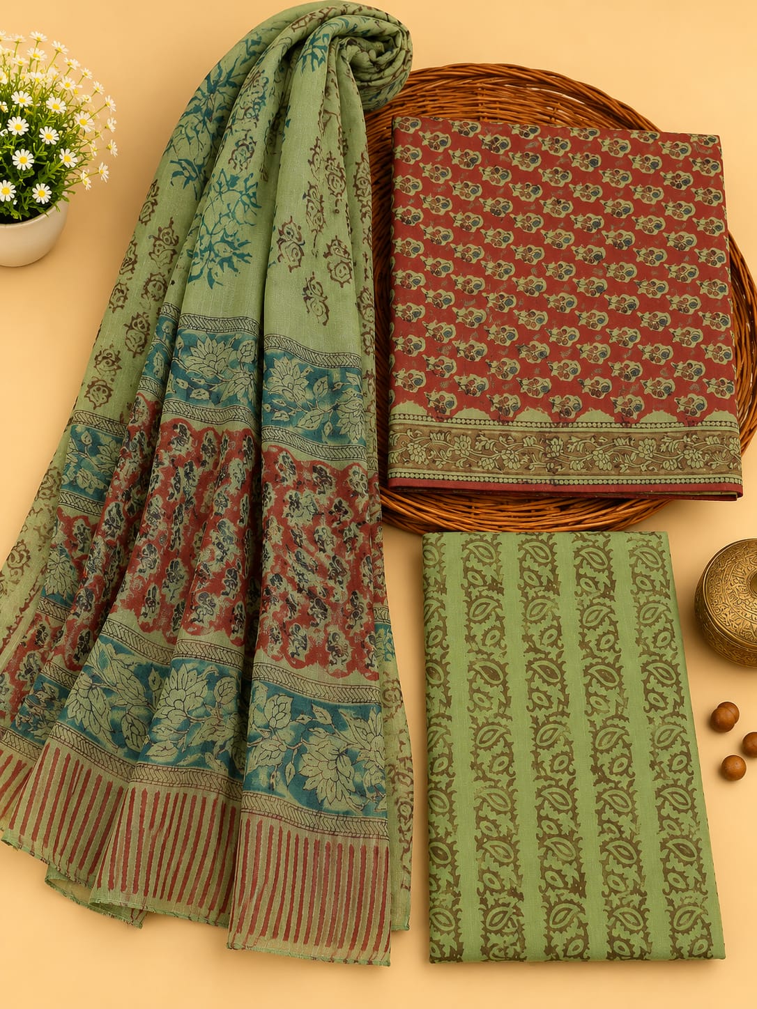 Olive Green & Red Floral Booti Unstitched Cotton Suit Set with Chiffon Dupatta