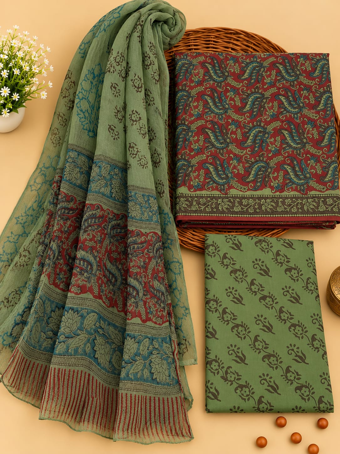 Green & Red Paisley Unstitched Cotton Suit Set with Chiffon Dupatta