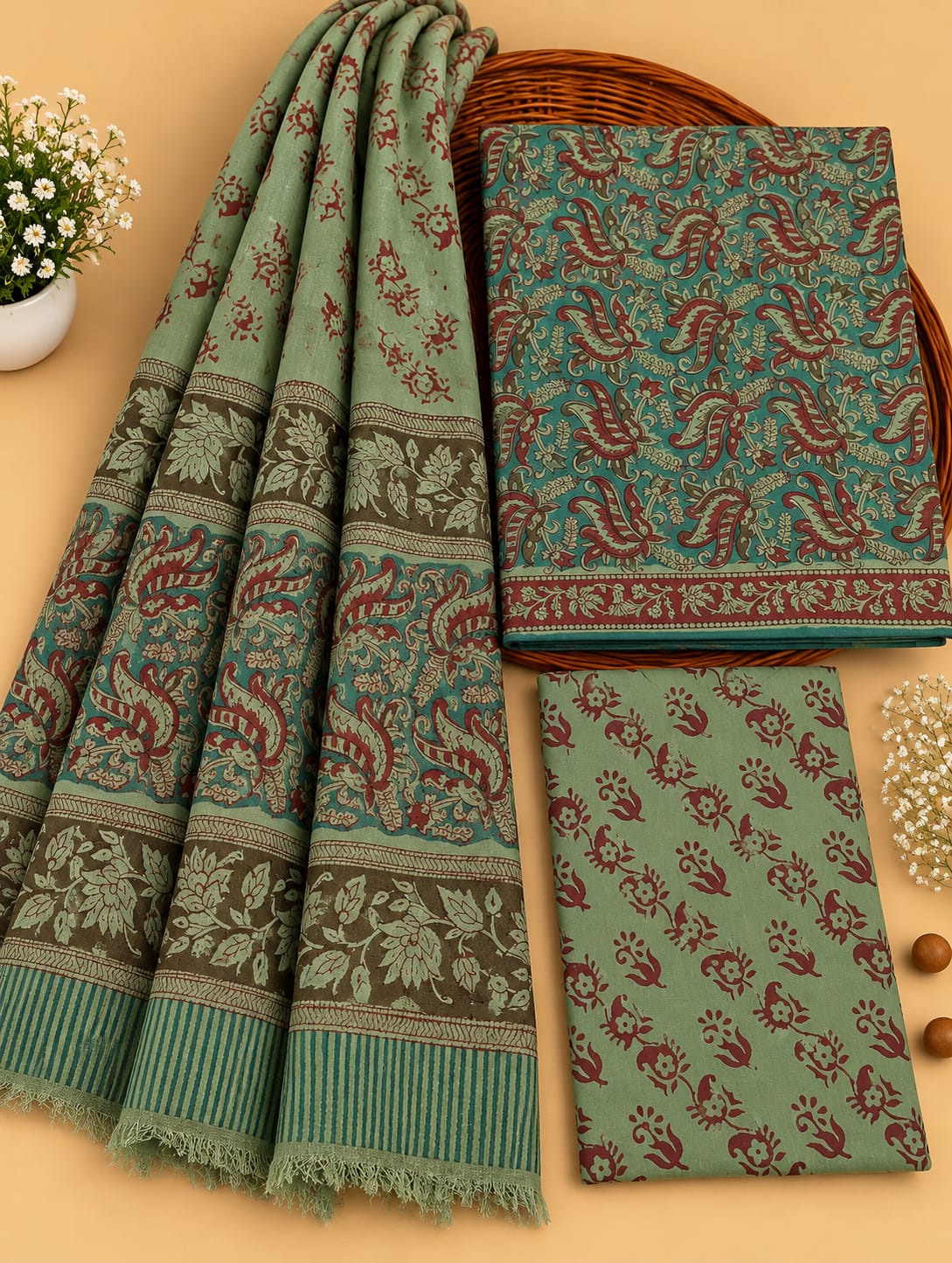 Olive Green & Maroon Paisley Unstitched Cotton Suit Set with Chiffon Dupatta