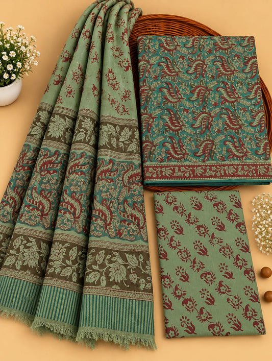 Olive Green & Maroon Paisley Unstitched Cotton Suit Set with Chiffon Dupatta