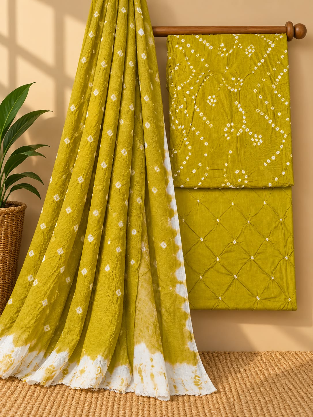 Olive Green Traditional Bandhani Unstitched Bandhani Cotton Suit Set with Cotton Dupatta