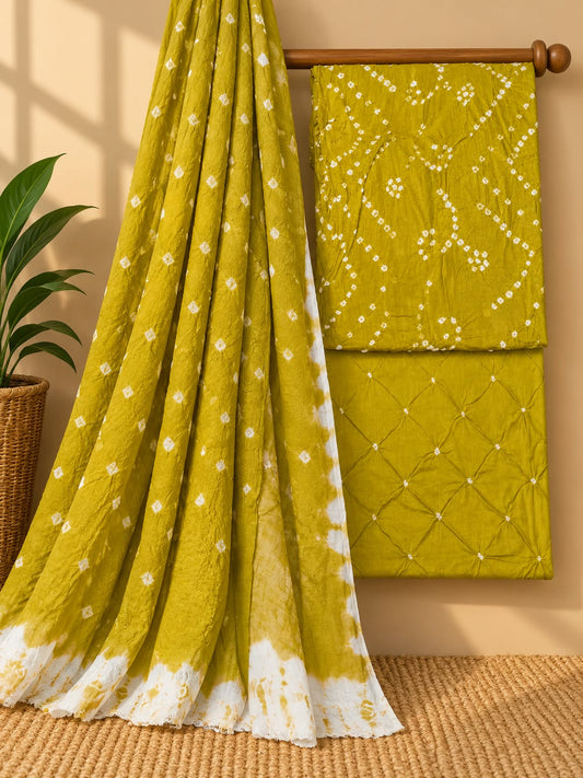 Olive Green Traditional Bandhani Unstitched Bandhani Cotton Suit Set with Cotton Dupatta