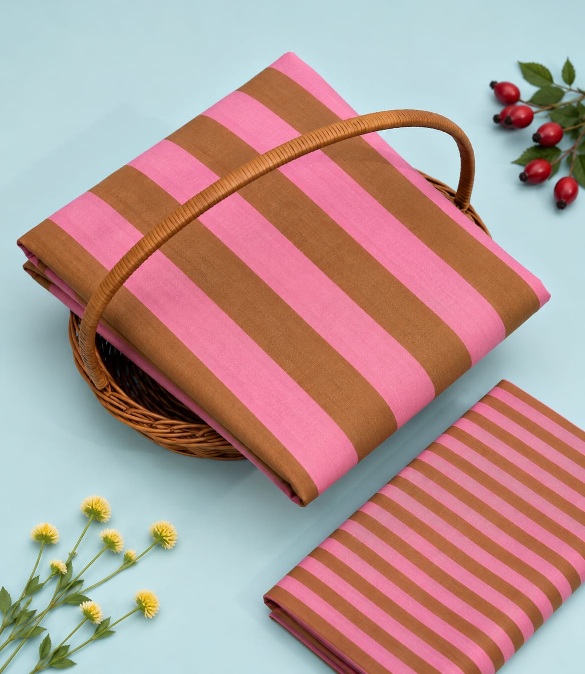 Pink & Brown Striped Pure Cotton Unstitched Kurta Pant Fabric Set