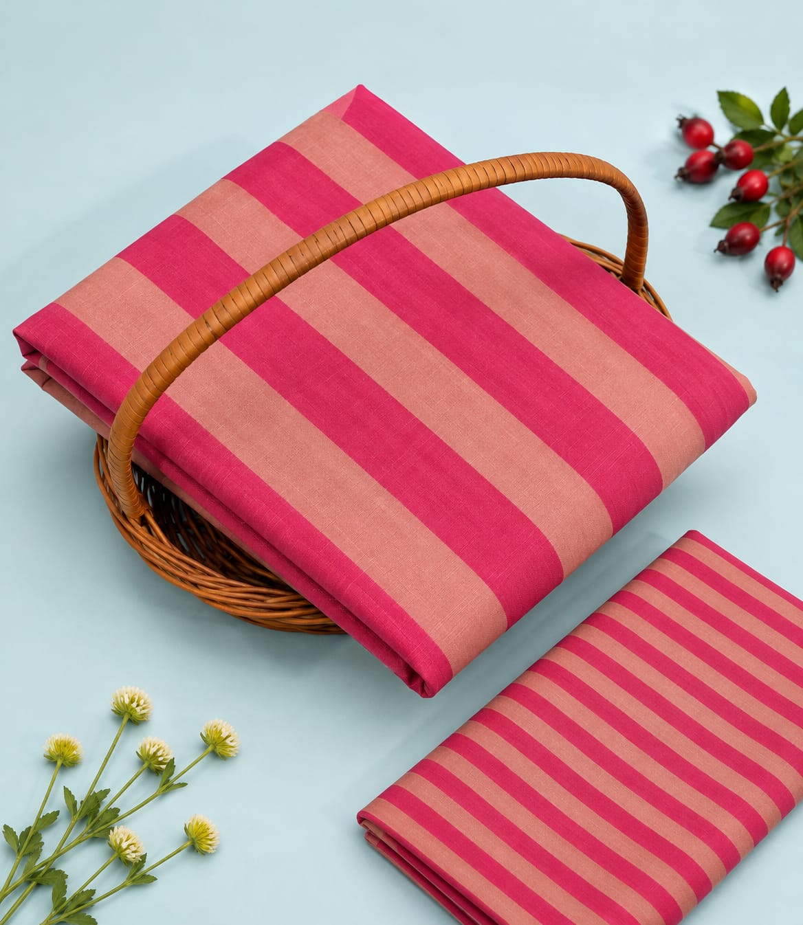 Pink & Brown Striped Pure Cotton Unstitched Kurta Pant Fabric Set