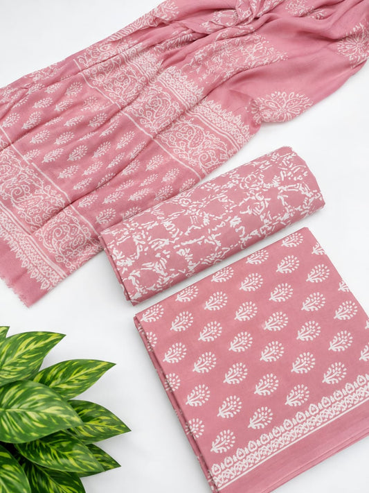 Pink Floral Booti Cotton Suit Set with Chiffon Dupatta