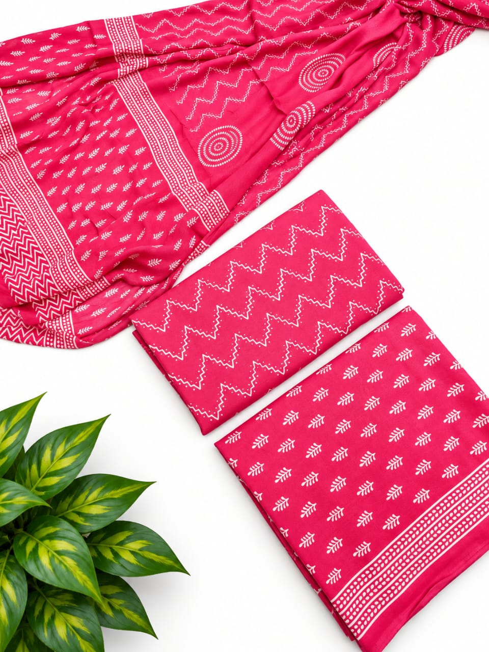 Pink Chevron Cotton Suit Set with Chiffon Dupatta