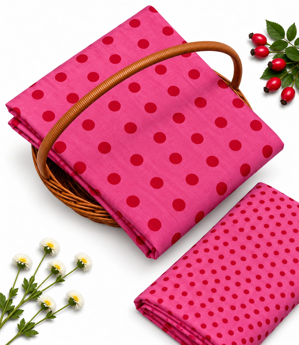 Pink Polka Dot Pure Cotton Unstitched Kurta Pant Fabric Set