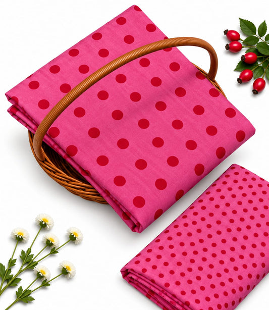 Pink Polka Dot Pure Cotton Unstitched Kurta Pant Fabric Set