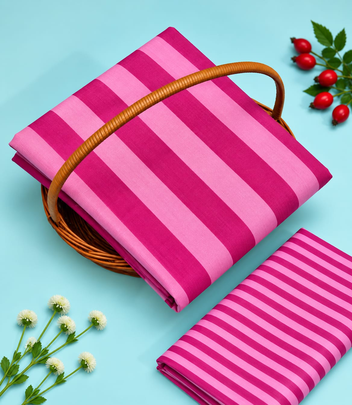 Pink Striped Pure Cotton Unstitched Kurta Pant Fabric Set