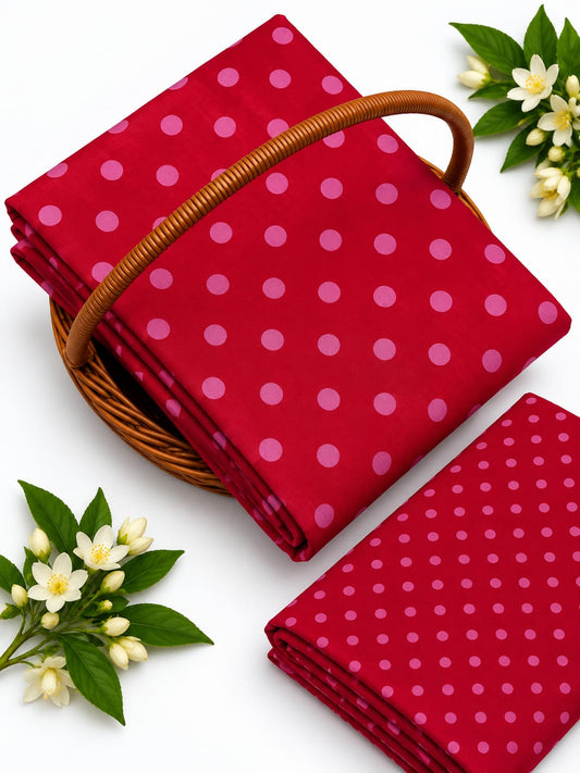Pink Polka Dot Pure Cotton Unstitched Kurta Pant Fabric Set