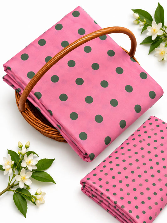 Pink Polka Dot Pure Cotton Unstitched Kurta Pant Fabric Set