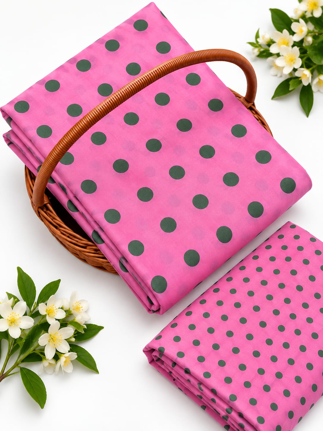 Pink Polka Dot Pure Cotton Unstitched Kurta Pant Fabric Set