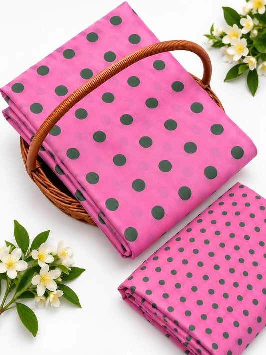 Pink Polka Dot Pure Cotton Unstitched Kurta Pant Fabric Set