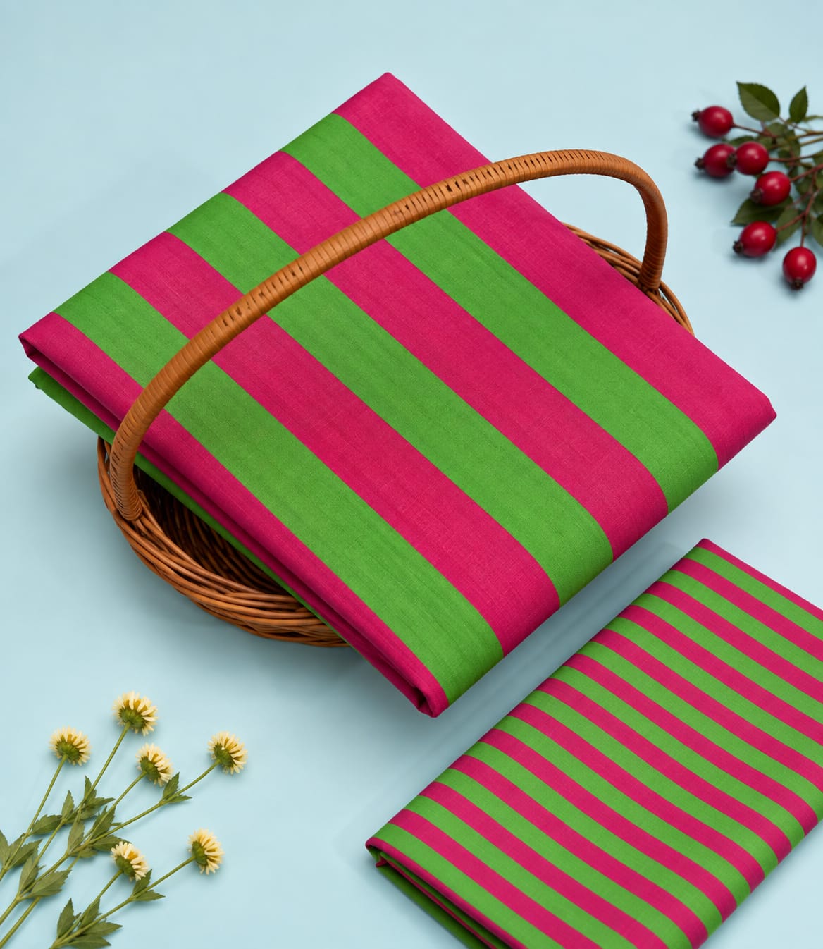 Pink & Green Striped Pure Cotton Unstitched Kurta Pant Fabric Set
