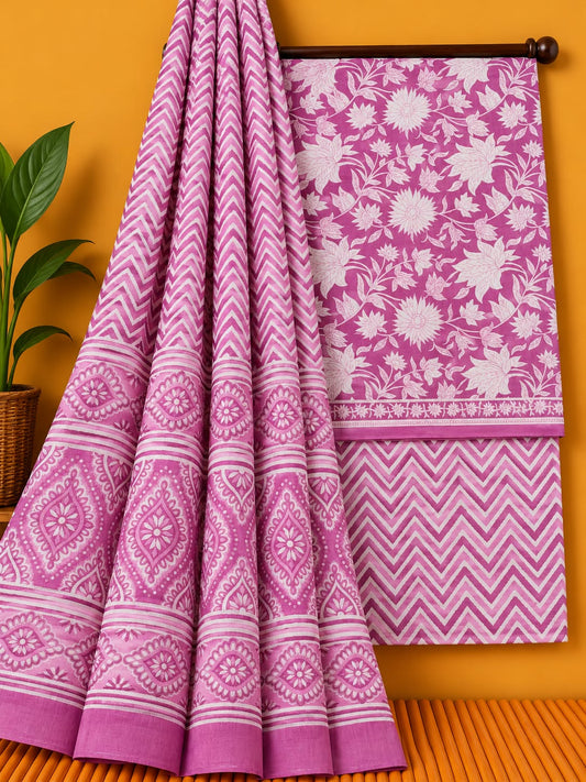 Pink & Off-White Floral Jaal Unstitched Cotton Screen Print Salwar Suit Set with Mul Cotton Dupatta
