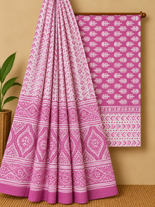 Pink & Off-White Floral Booti Unstitched Cotton Screen Print Salwar Suit Set with Mul Cotton Dupatta
