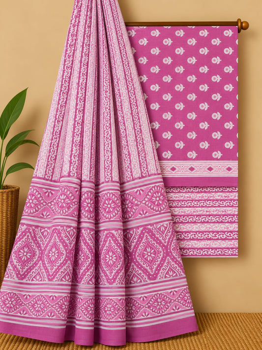 Pink & Off-White Floral Booti Unstitched Cotton Screen Print Salwar Suit Set with Mul Cotton Dupatta