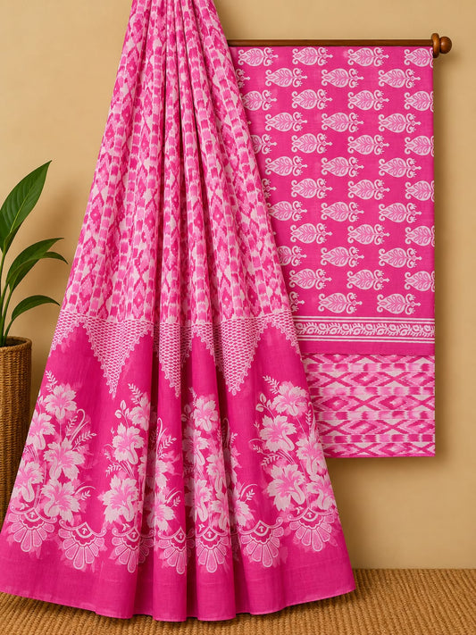 Pink & Off-White Floral Booti Unstitched Cotton Screen Print Salwar Suit Set with Mul Cotton Dupatta