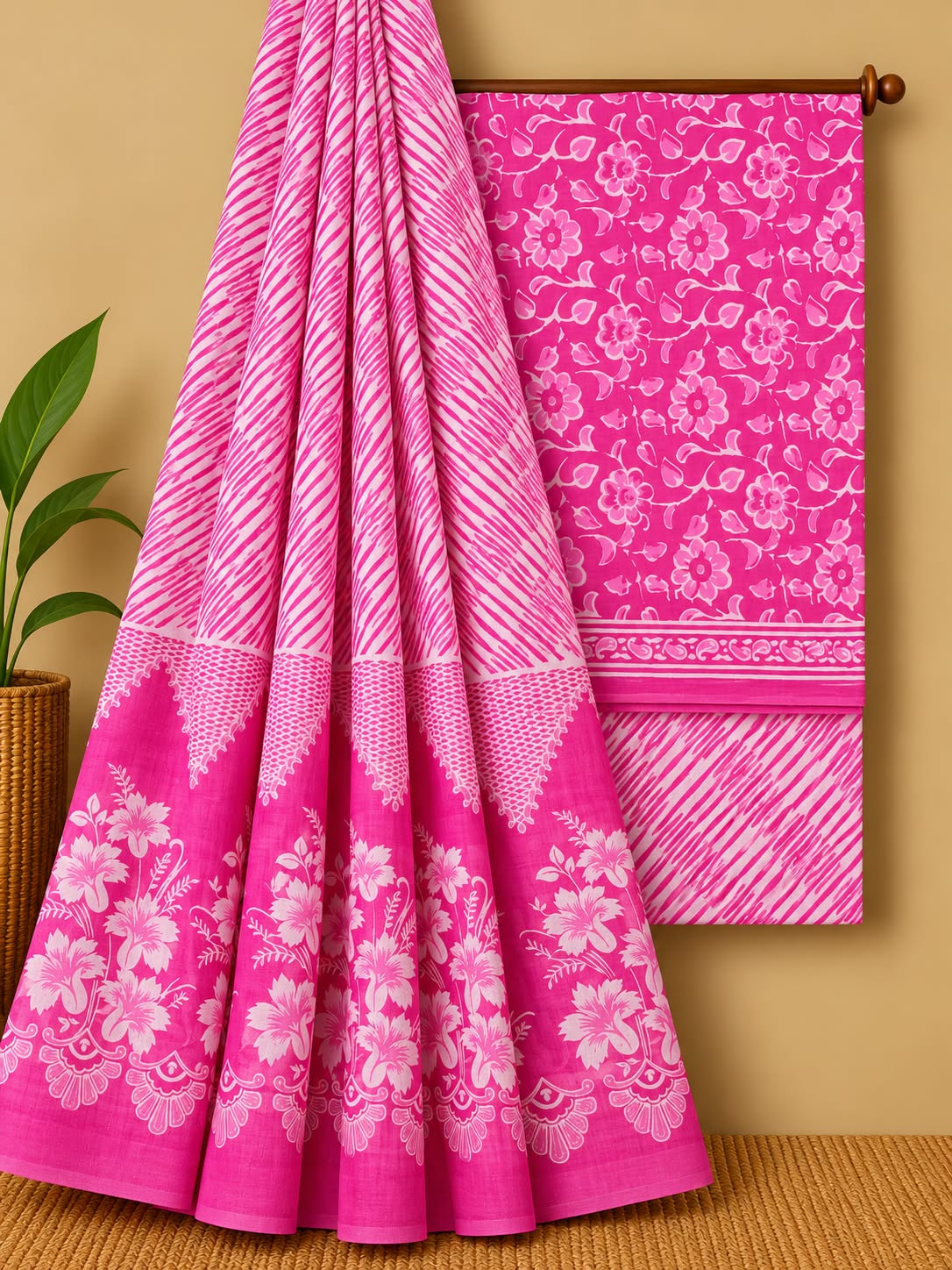 Pink & Off-White Floral Jaal Unstitched Cotton Screen Print Salwar Suit Set with Mul Cotton Dupatta