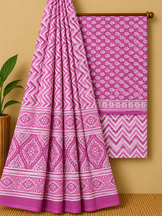 Pink & Off-White Floral Booti Unstitched Cotton Screen Print Salwar Suit Set with Mul Cotton Dupatta