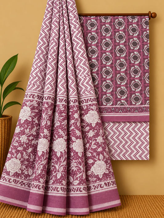 Pink & Off-White Floral Booti Unstitched Cotton Screen Print Salwar Suit Set with Mul Cotton Dupatta