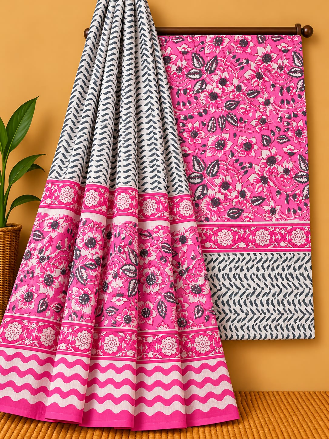 Pink & Off-White Floral Jaal Unstitched Cotton Screen Print Salwar Suit Set with Mul Cotton Dupatta