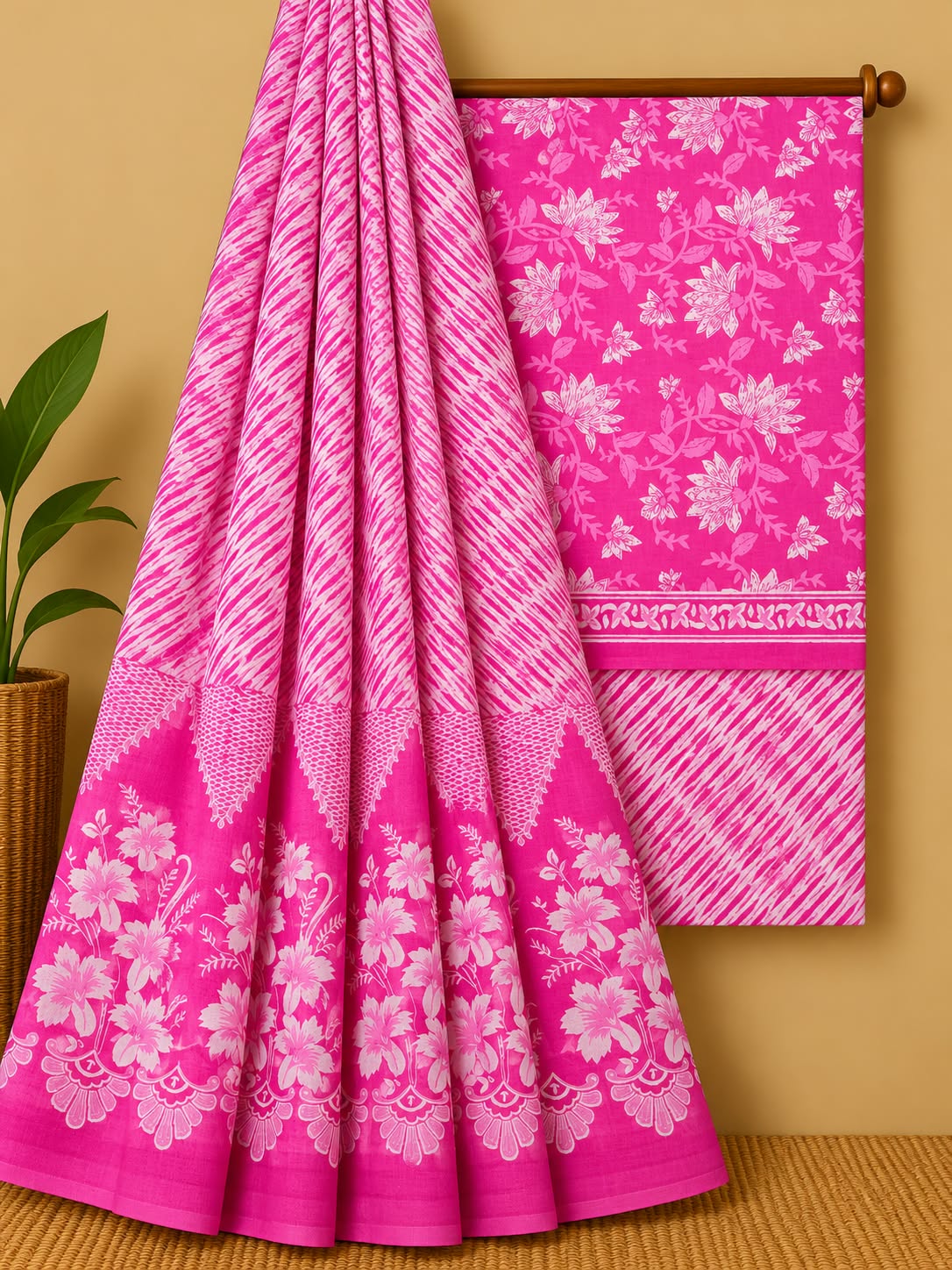 Pink Floral Jaal Unstitched Cotton Screen Print Salwar Suit Set with Mul Cotton Dupatta