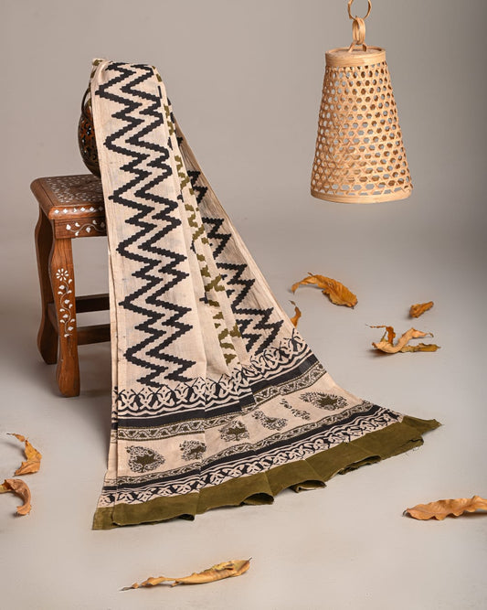 Mul-Cotton Bagru Hand Block Printed Dupatta  - TSPDM49