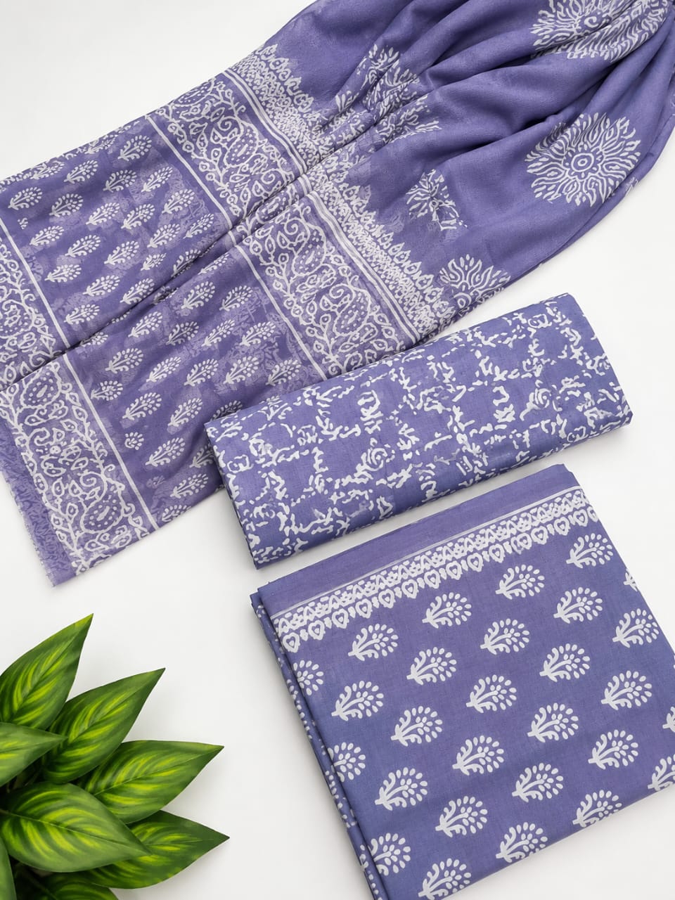Purple Floral Booti Cotton Suit Set with Chiffon Dupatta