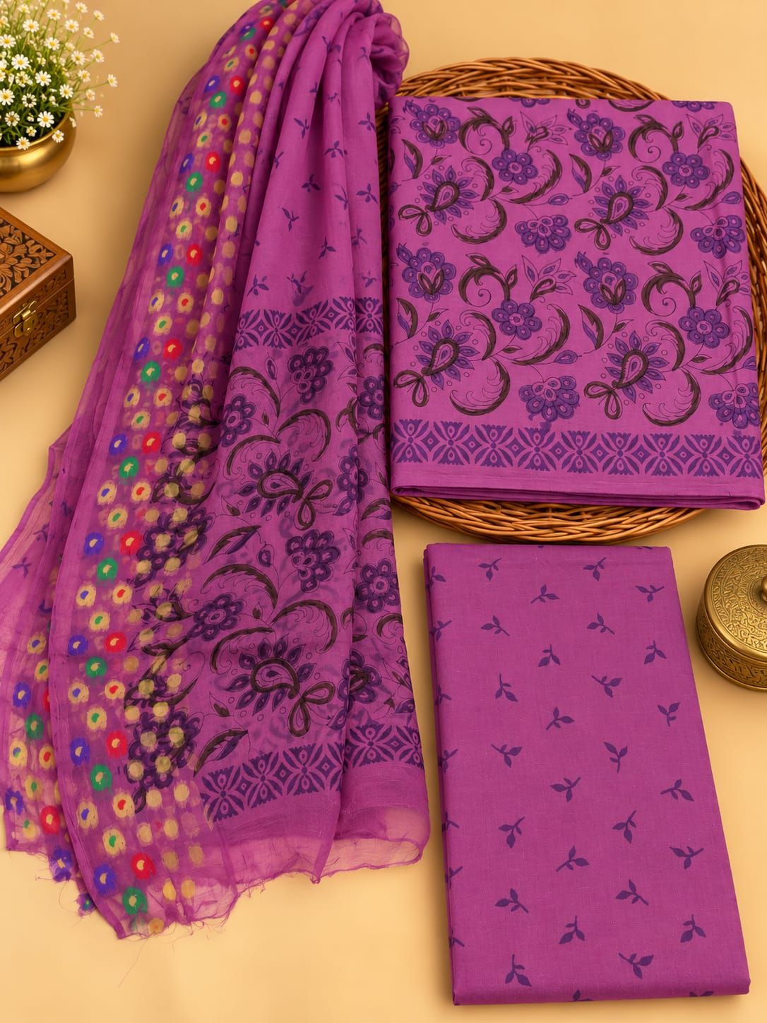 Purple Floral Jaal Unstitched Cotton Suit Set with Chiffon Dupatta