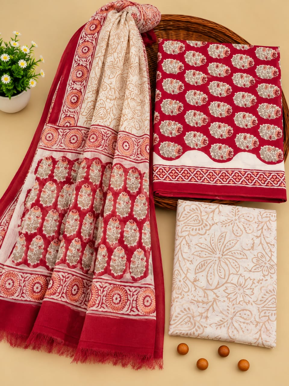 Red & Off-White Floral Booti Unstitched Cotton Suit Set with Chiffon Dupatta