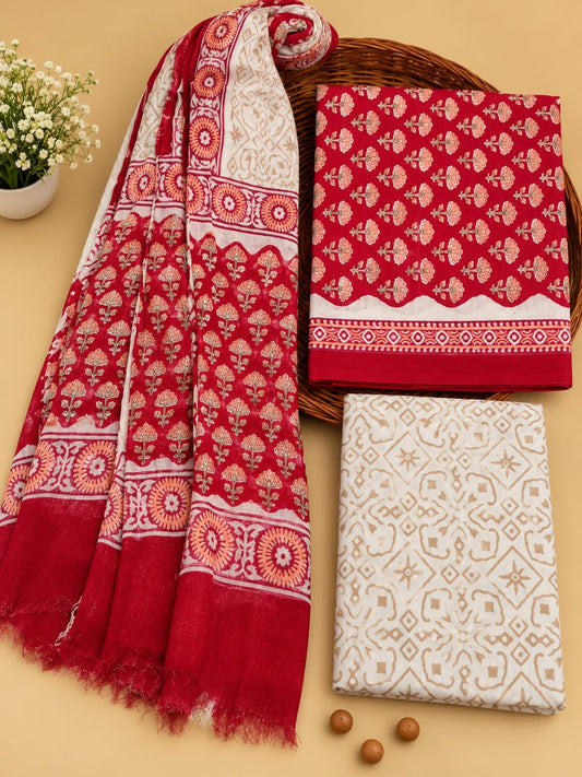 Red & White Floral Booti Unstitched Cotton Suit Set with Chiffon Dupatta