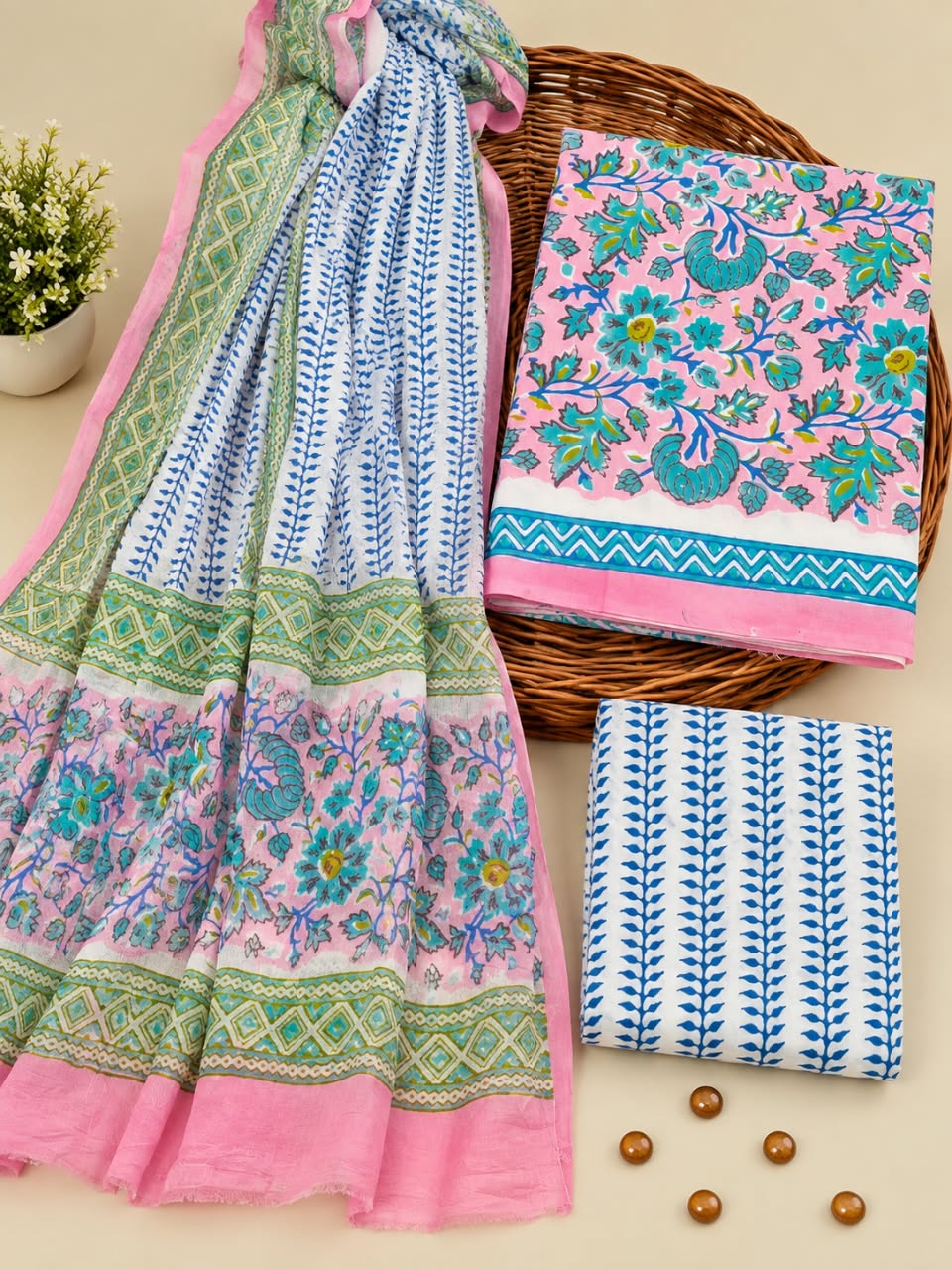 Pink & Blue Floral Jaal Unstitched Cotton Suit Set with Chiffon Dupatta