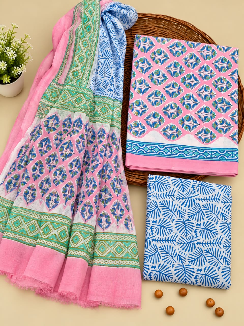 Pink & Blue Traditional Motif Unstitched Cotton Suit Set with Chiffon Dupatta