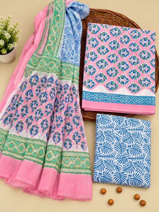 Pink & Blue Traditional Motif Unstitched Cotton Suit Set with Chiffon Dupatta