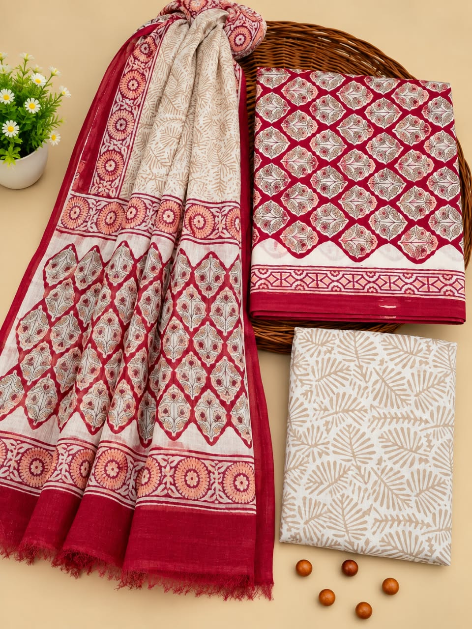 Red & White Traditional Motif Unstitched Cotton Suit Set with Chiffon Dupatta