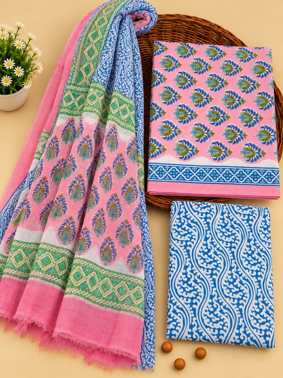 Pink & Blue Traditional Motif Unstitched Cotton Suit Set with Chiffon Dupatta