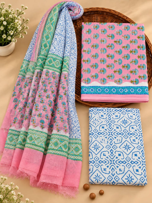 Pink & Blue Floral Booti Unstitched Cotton Suit Set with Chiffon Dupatta