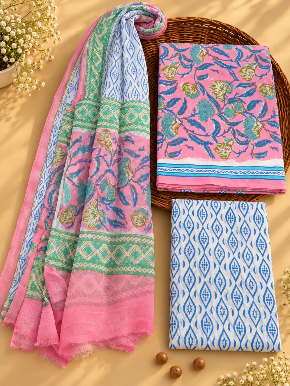 Pink & Blue Floral Jaal Unstitched Cotton Suit Set with Chiffon Dupatta