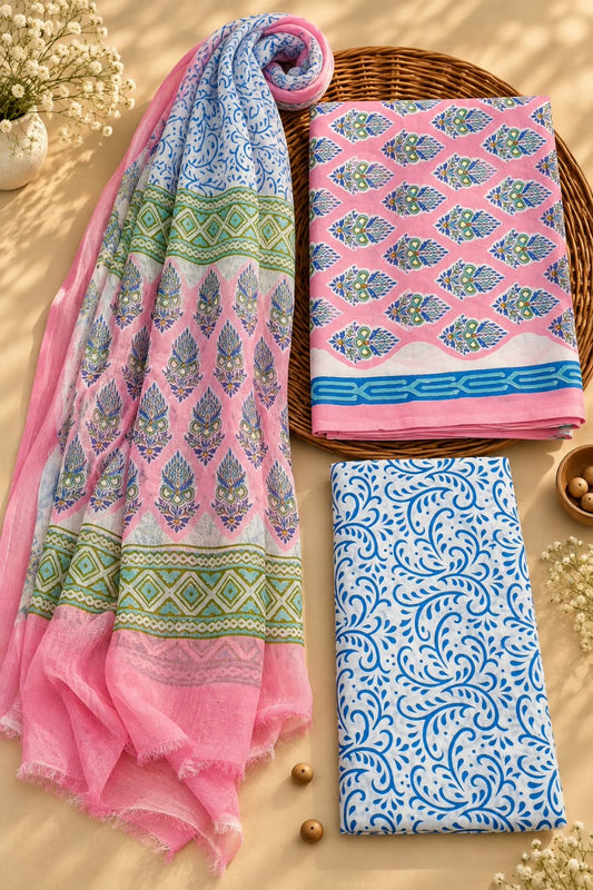 Pink & Blue Traditional Motif Unstitched Cotton Suit Set with Chiffon Dupatta