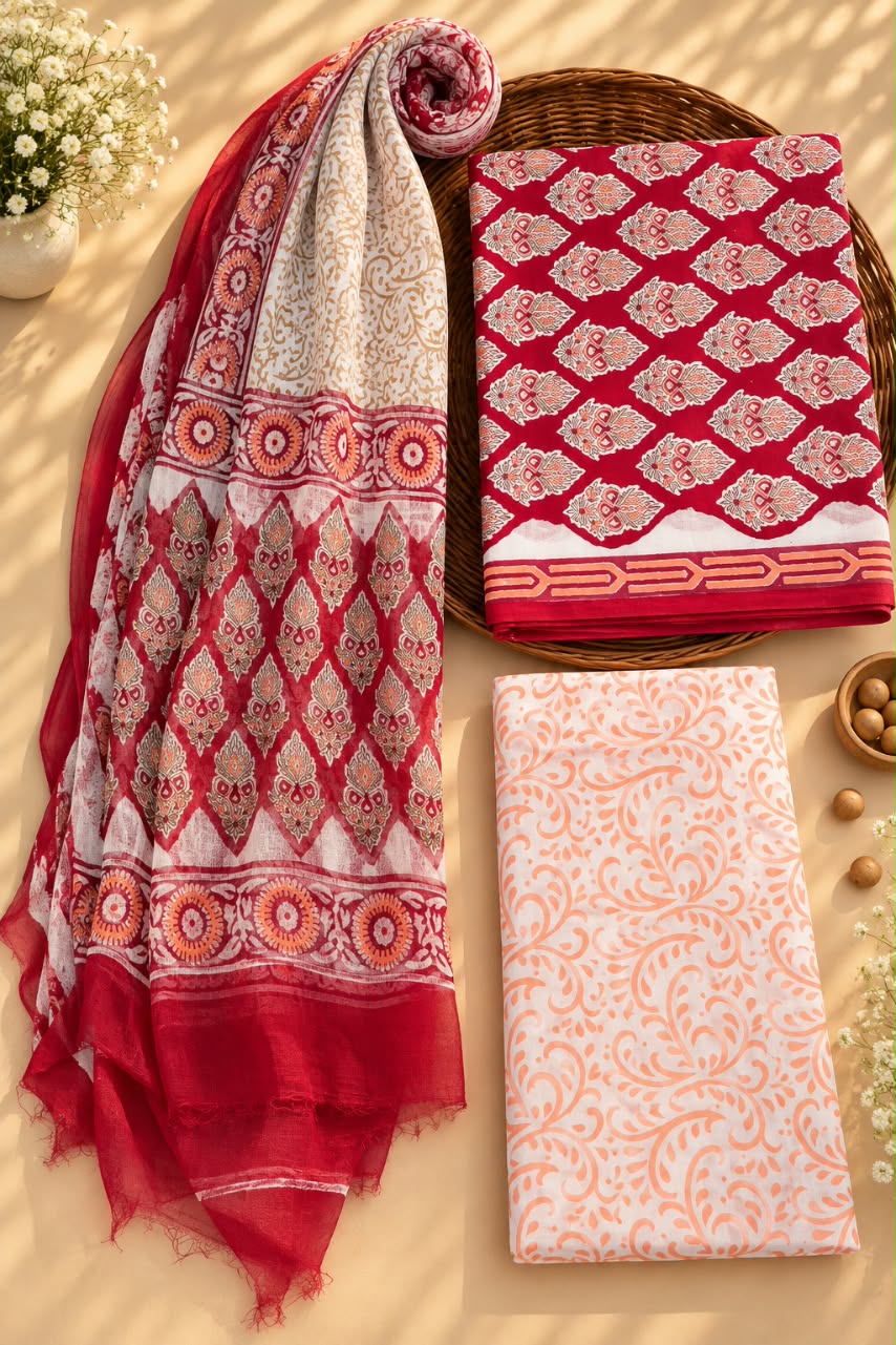 Red & White Traditional Motif Unstitched Cotton Suit Set with Chiffon Dupatta